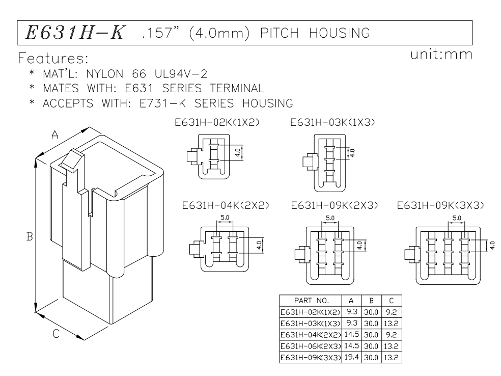 4.0 pitch wire to wire connector plug housing data sheet